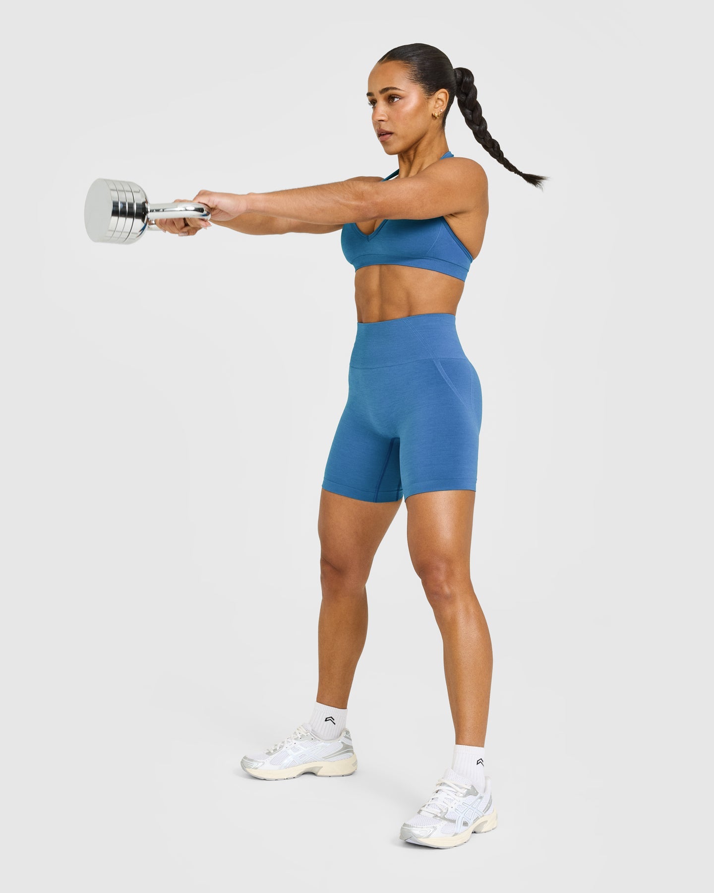 EffortlessLift Seamless Halter Neck Sports Bra with White Logo | Ocean Blue - Image 3