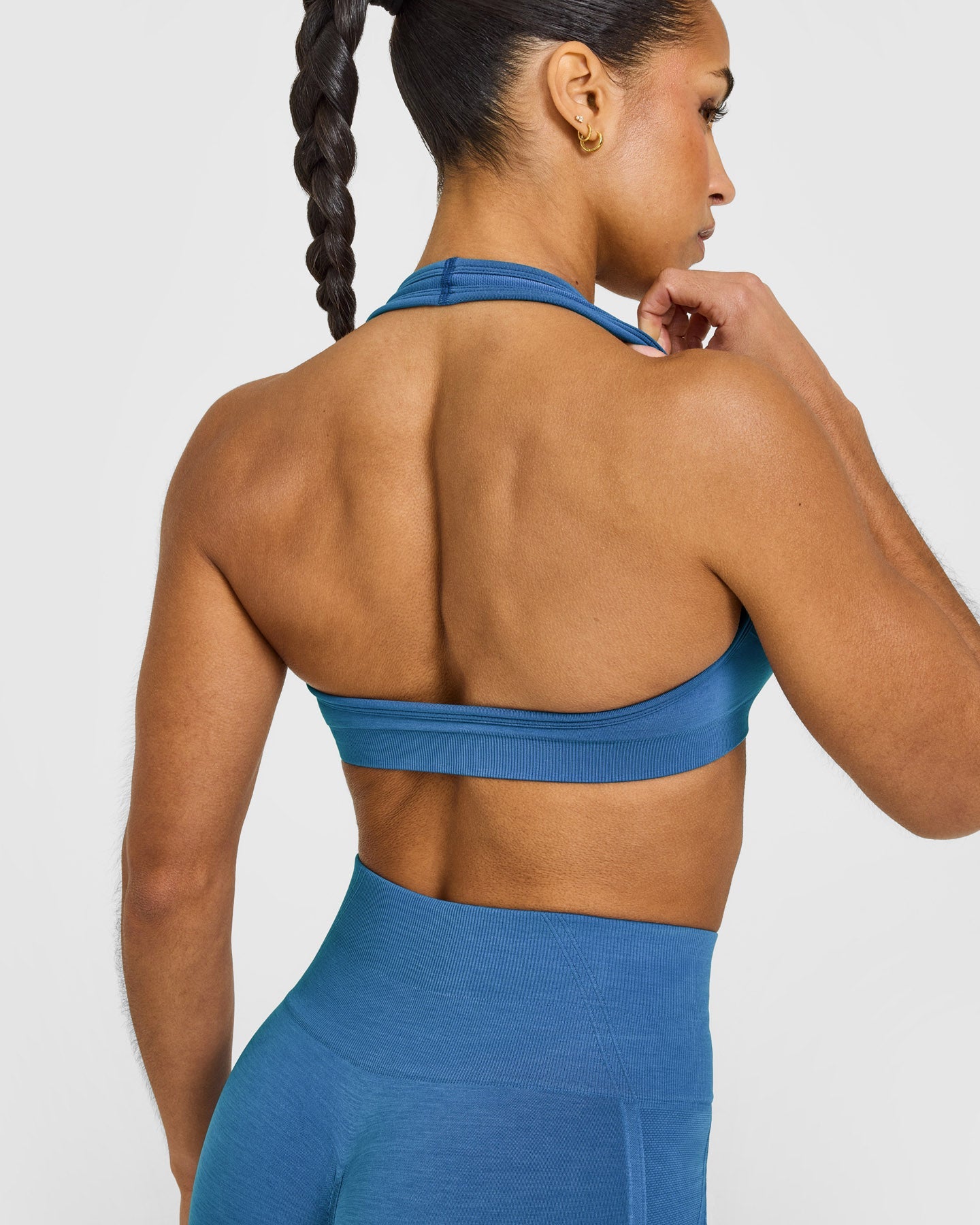 EffortlessLift Seamless Halter Neck Sports Bra with White Logo | Ocean Blue - Image 4