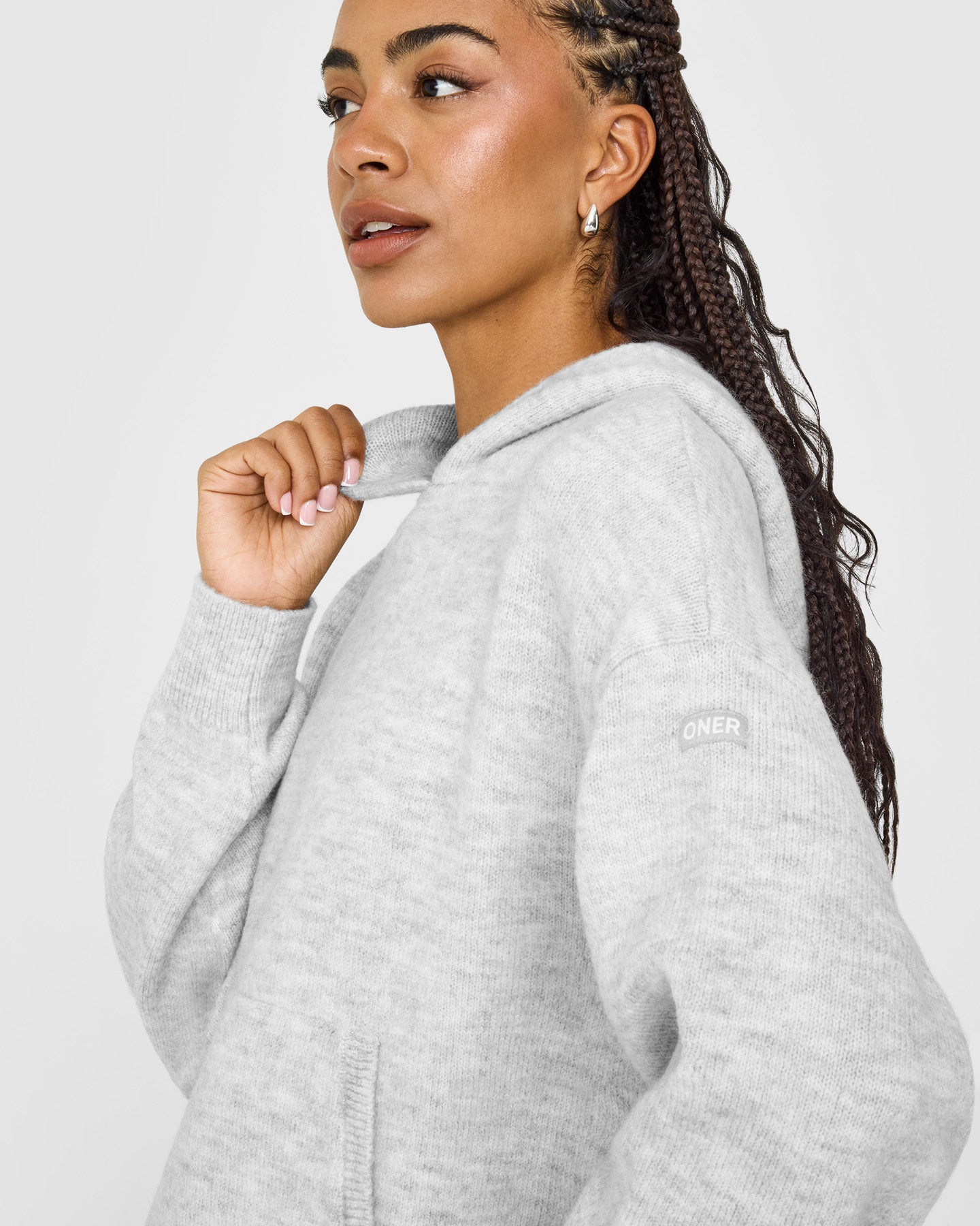 Oversized Knit Hoodie | Light Grey Marl - Image 2