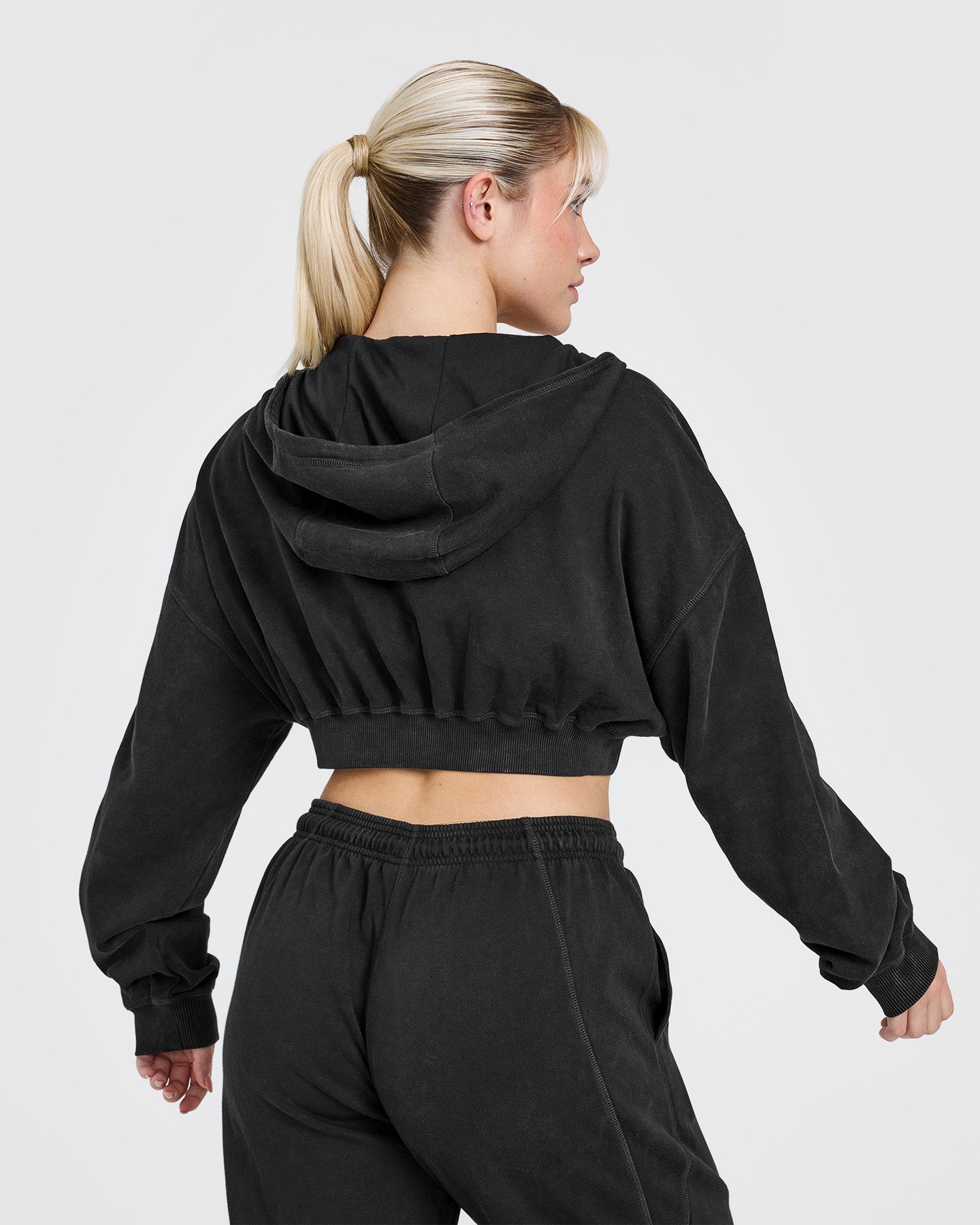 Raw Lounge Crop Zip Through Hoodie with Graphic | Washed Black - Image 2