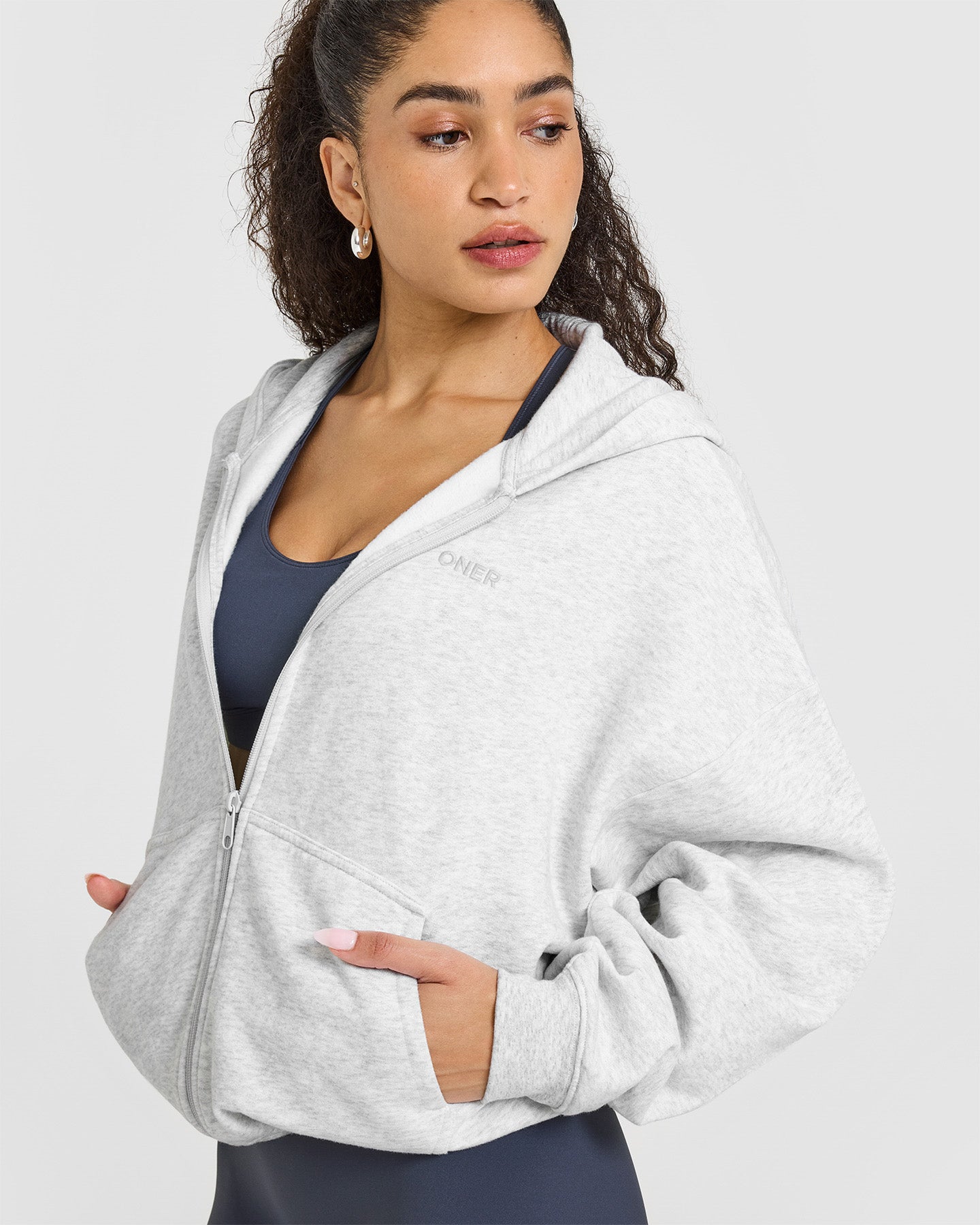 Mid Weight Zip Through Hoodie | Light Grey Marl - Image 5