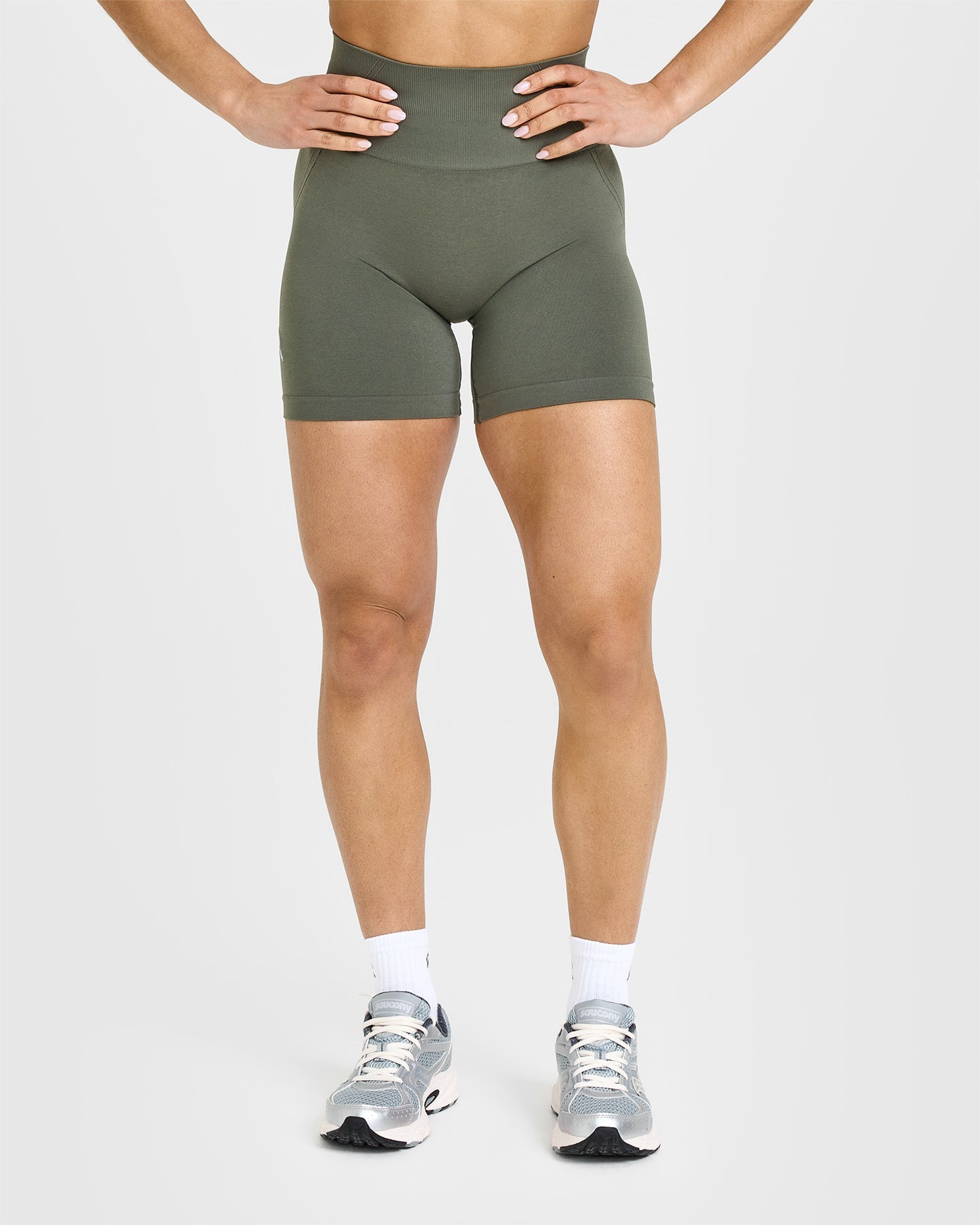 EffortlessLift Seamless Shorts with White Logo | Dark Khaki - Image 2