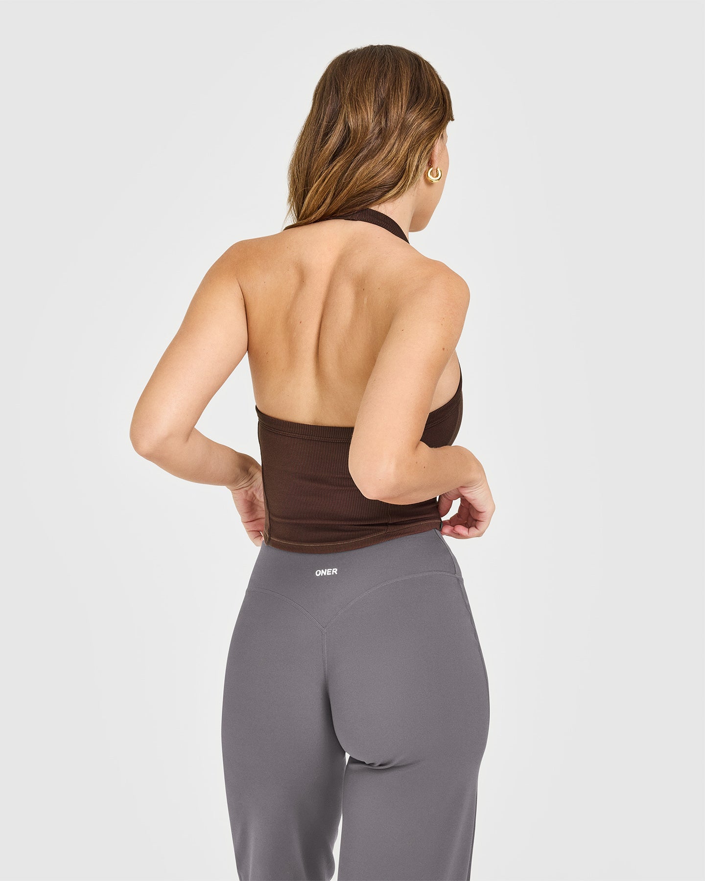Mellow Rib Halter Neck Mid Vest with Built in Bra Shelf | Copper Brown - Image 2
