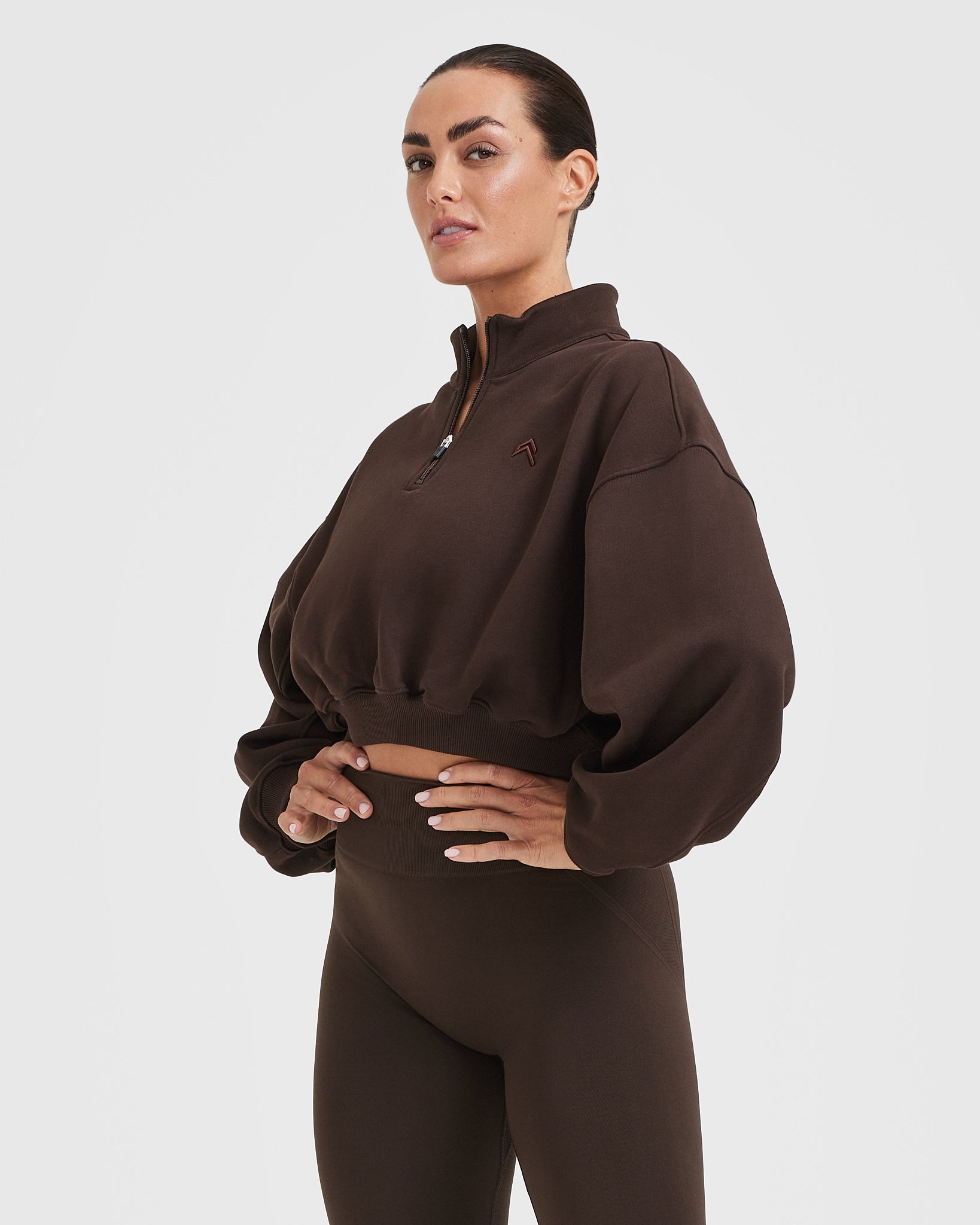 All Day Cosy Crop 1/4 Zip Sweatshirt | 70% Cocoa - Image 3