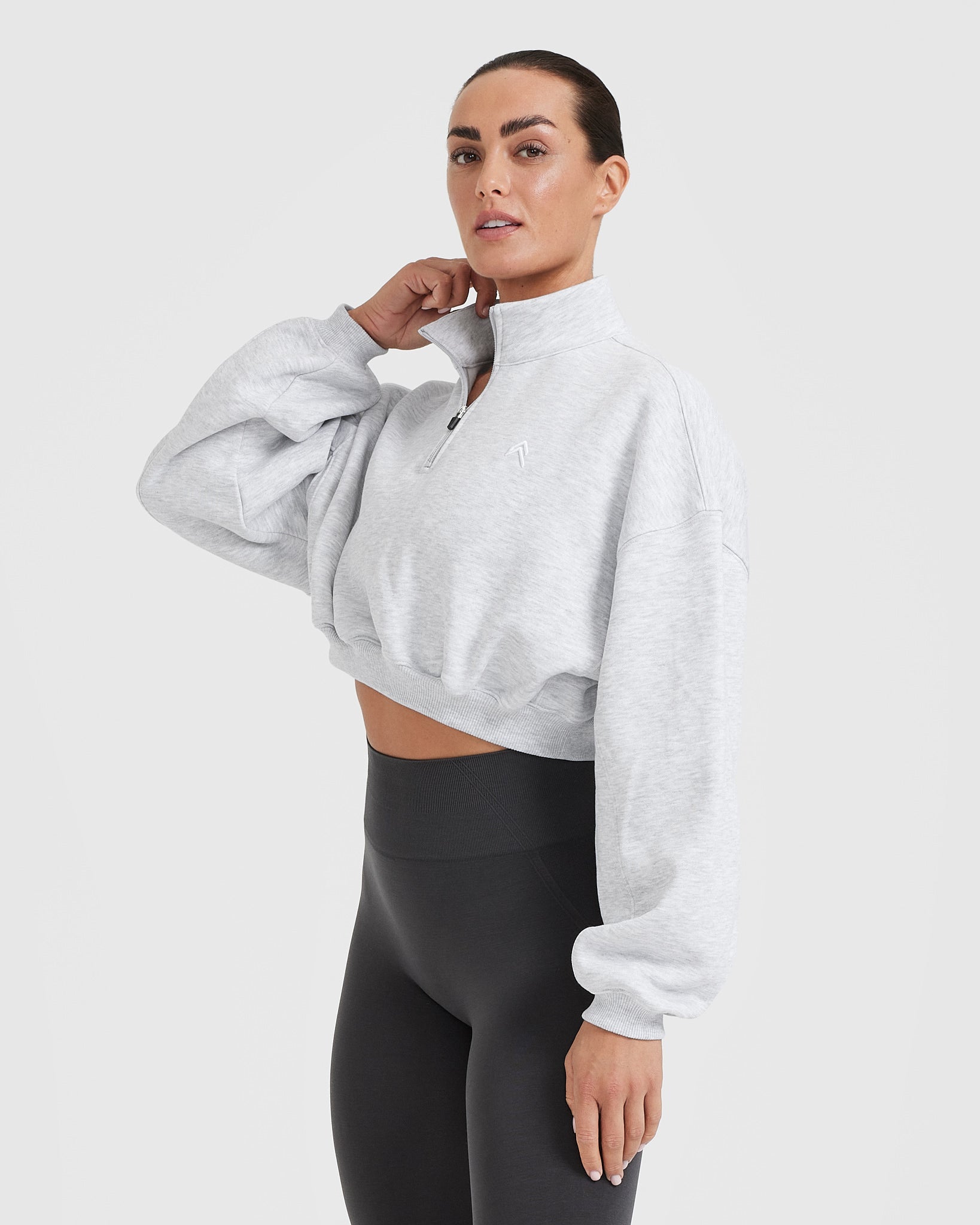 All Day Cosy Crop 1/4 Zip Sweatshirt | Light Grey Marl - Image 3