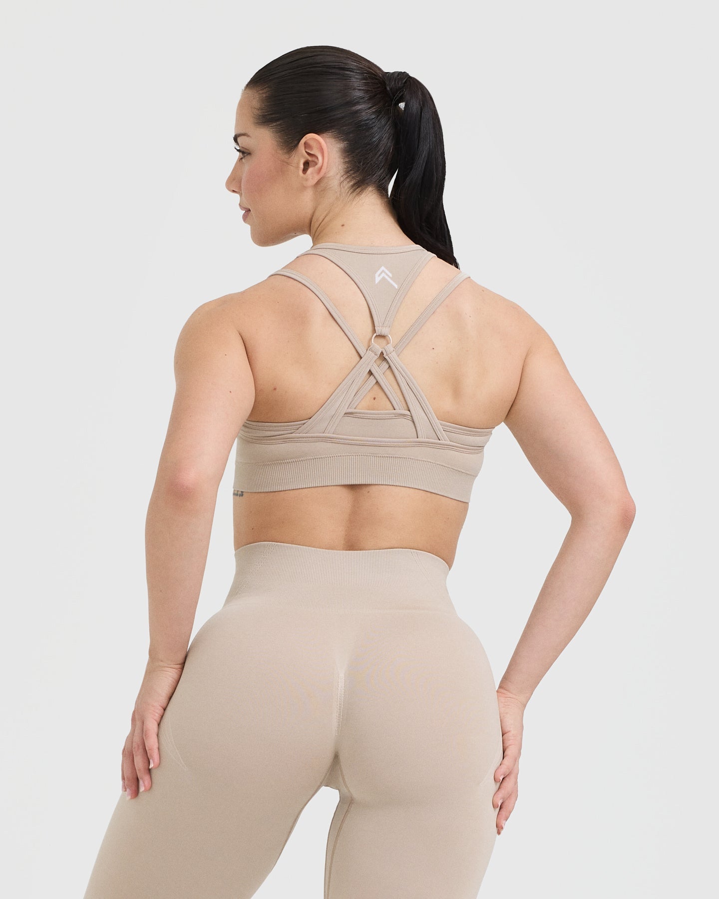 EffortlessLift Seamless Layered Sports Bra with White Logo | Mushroom Brown - Image 2
