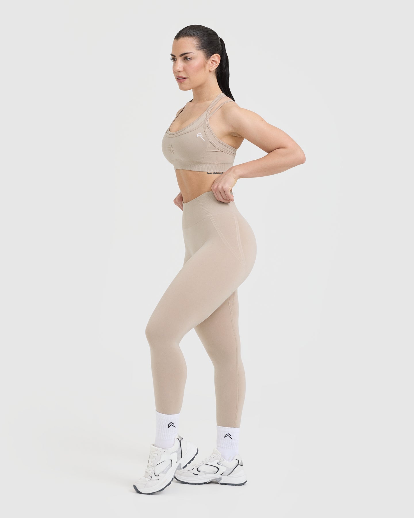 EffortlessLift Seamless Layered Sports Bra with White Logo | Mushroom Brown - Image 3