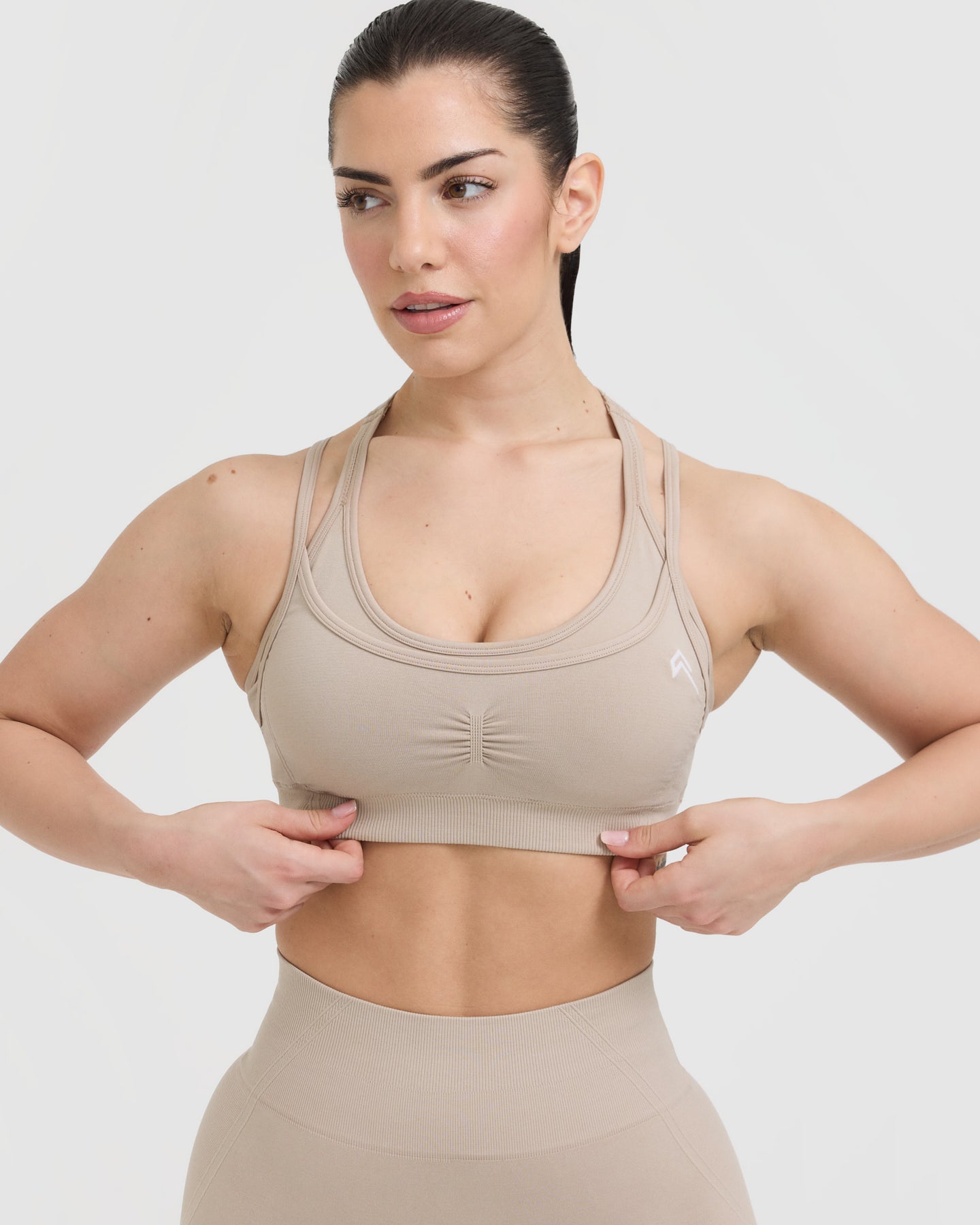 EffortlessLift Seamless Layered Sports Bra with White Logo | Mushroom Brown - Image 4