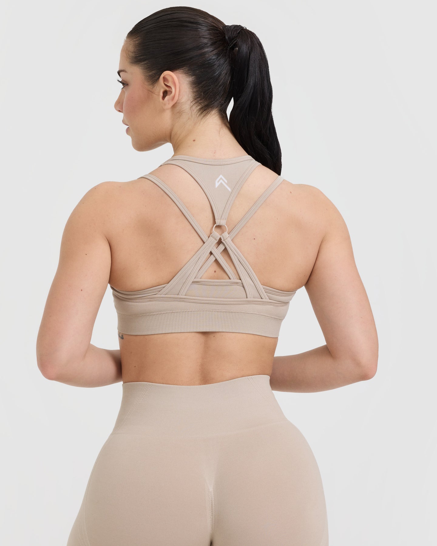 EffortlessLift Seamless Layered Sports Bra with White Logo | Mushroom Brown - Image 5