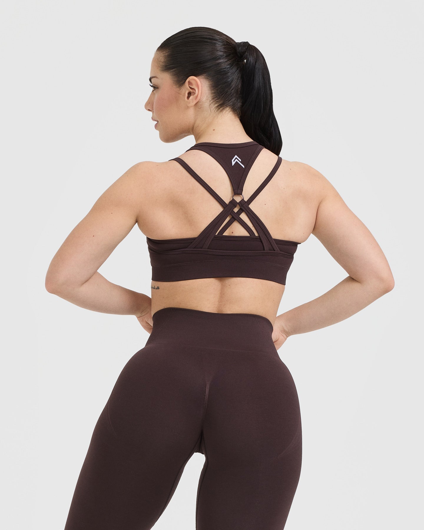 EffortlessLift Seamless Layered Sports Bra with White Logo | Plum Brown - Image 2