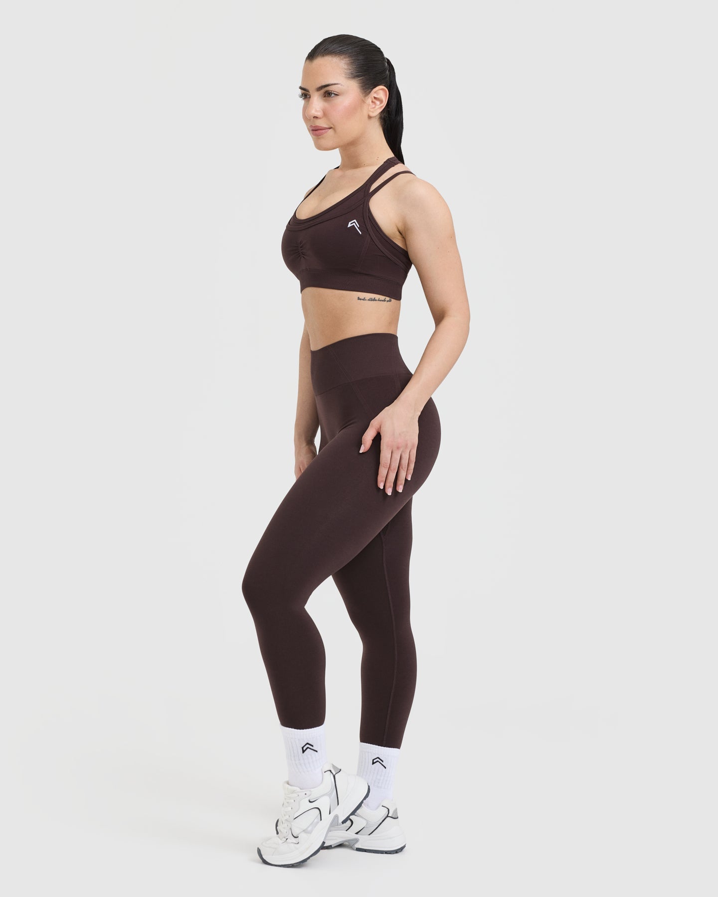 EffortlessLift Seamless Layered Sports Bra with White Logo | Plum Brown - Image 3