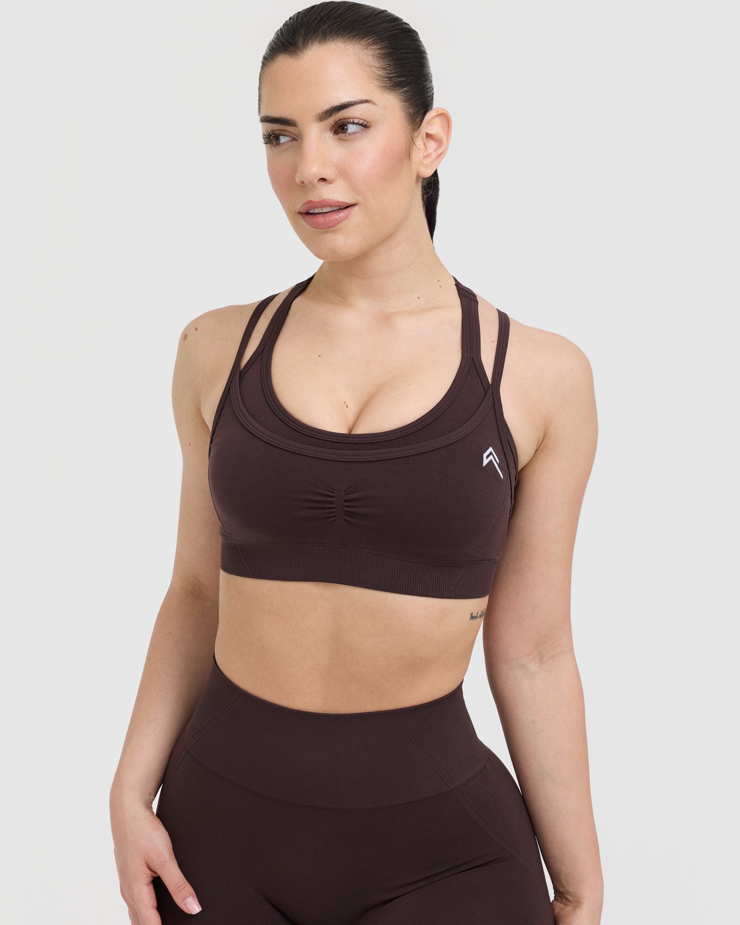 EffortlessLift Seamless Layered Sports Bra with White Logo | Plum Brown - Image 4
