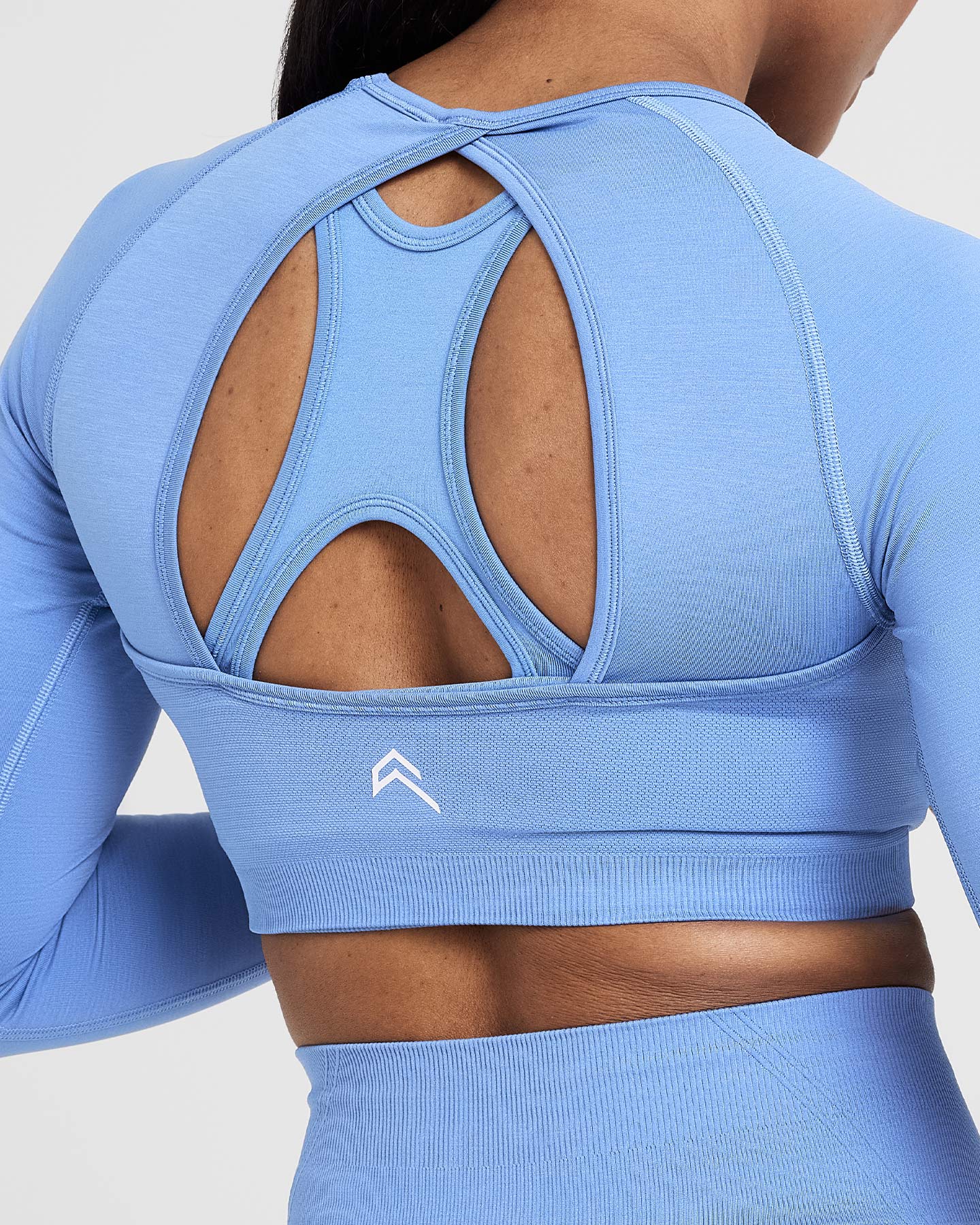 EffortlessLift Seamless Long Sleeve Crop Top with White Logo | Light Denim - Image 5