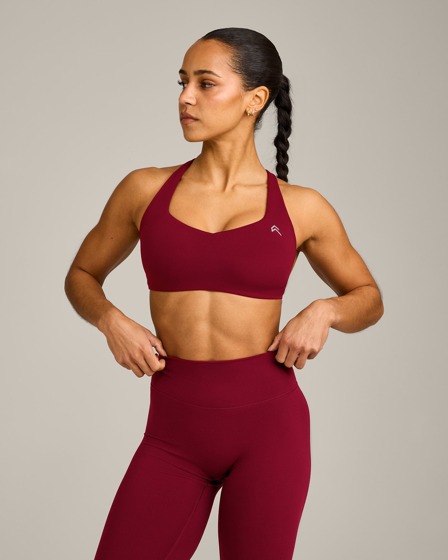 EasyLift Cross Back Sports Bra with Grey Logo | Ruby Red