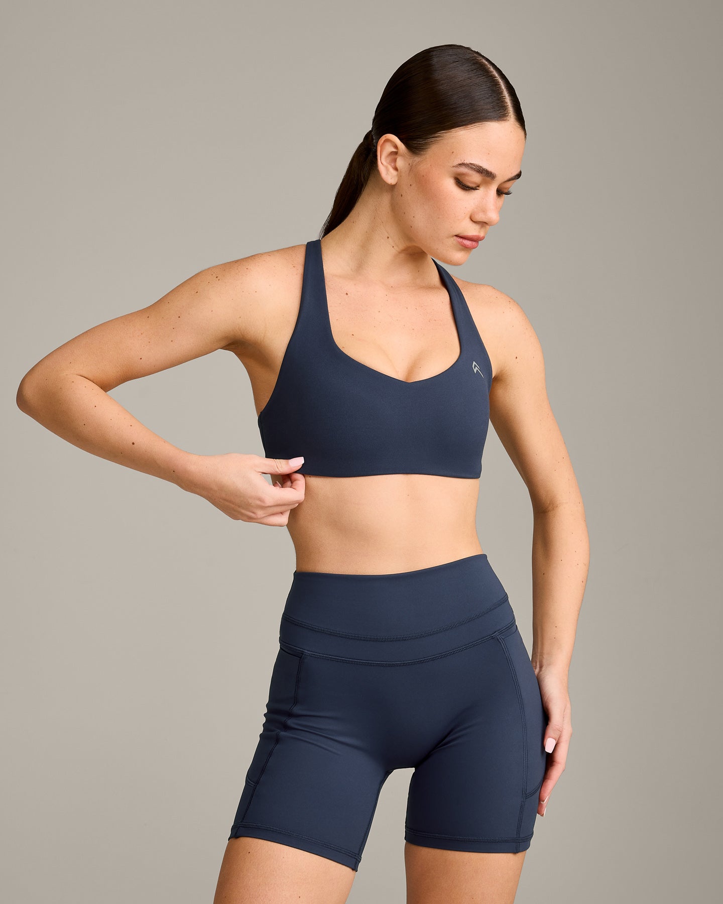 EasyLift Cross Back Sports Bra with Grey Logo | True Blue