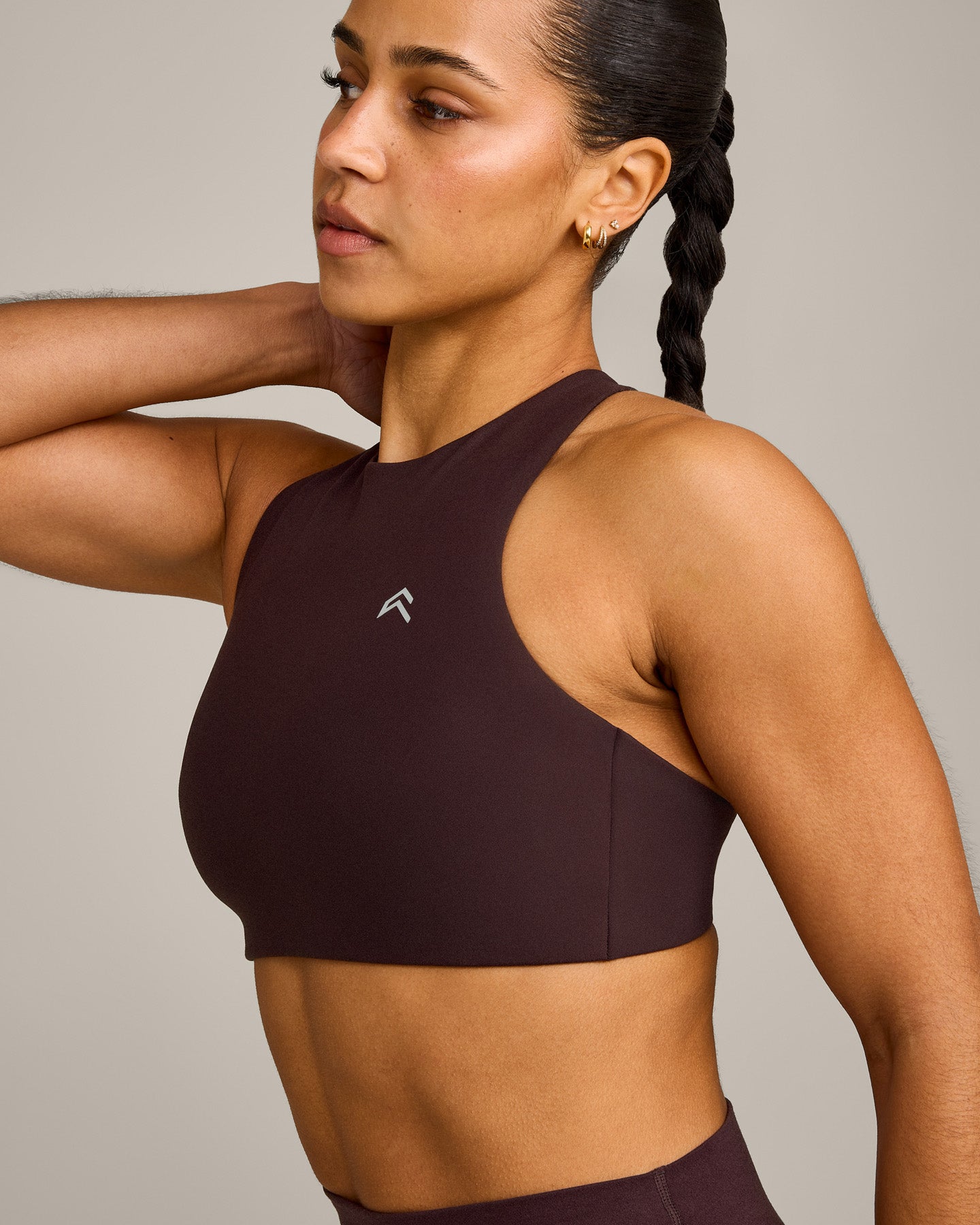 EasyLift High Neck Sports Bra with Grey Logo | Plum Brown - Image 5