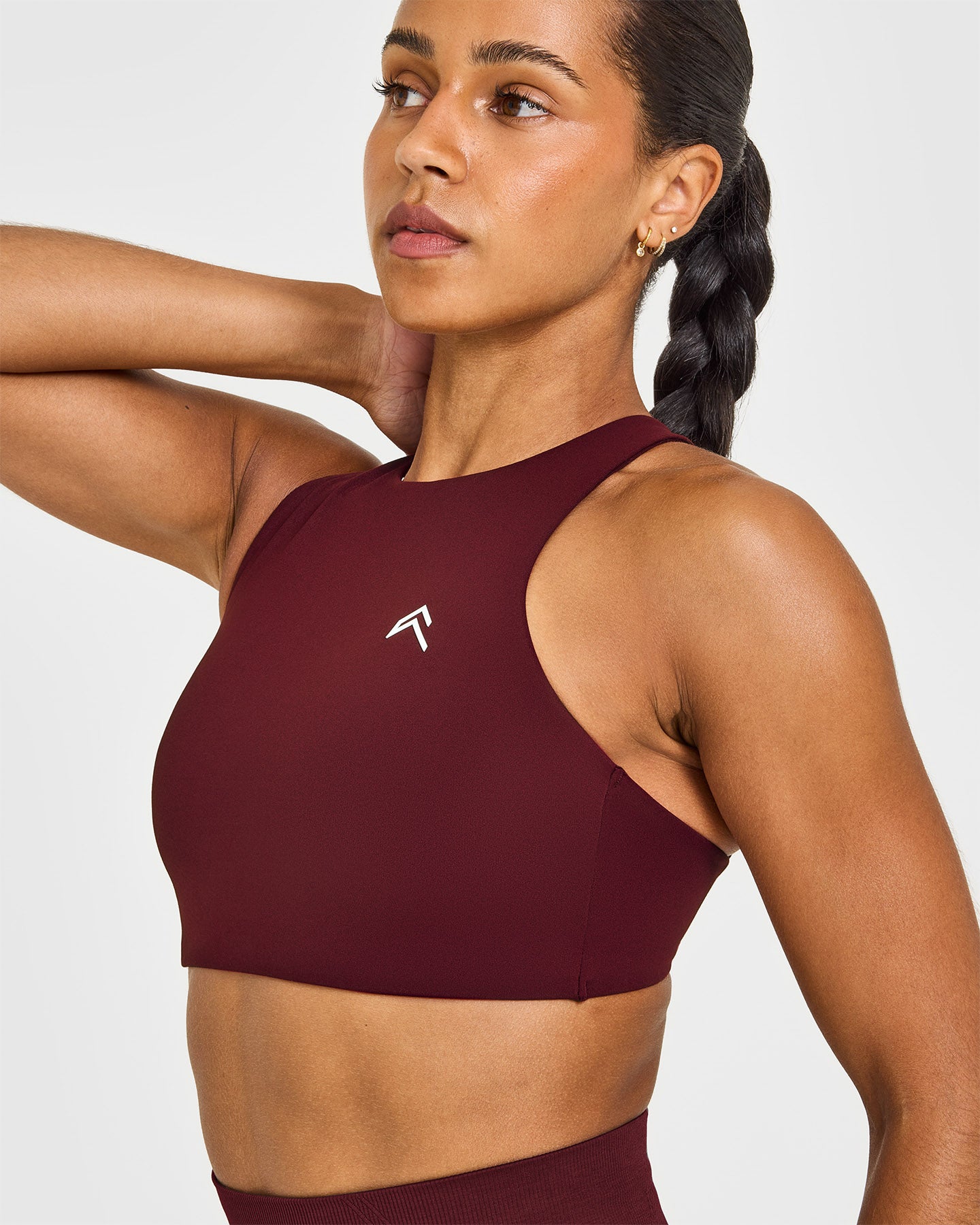 EasyLift High Neck Sports Bra with White Logo | Rosewood - Image 5