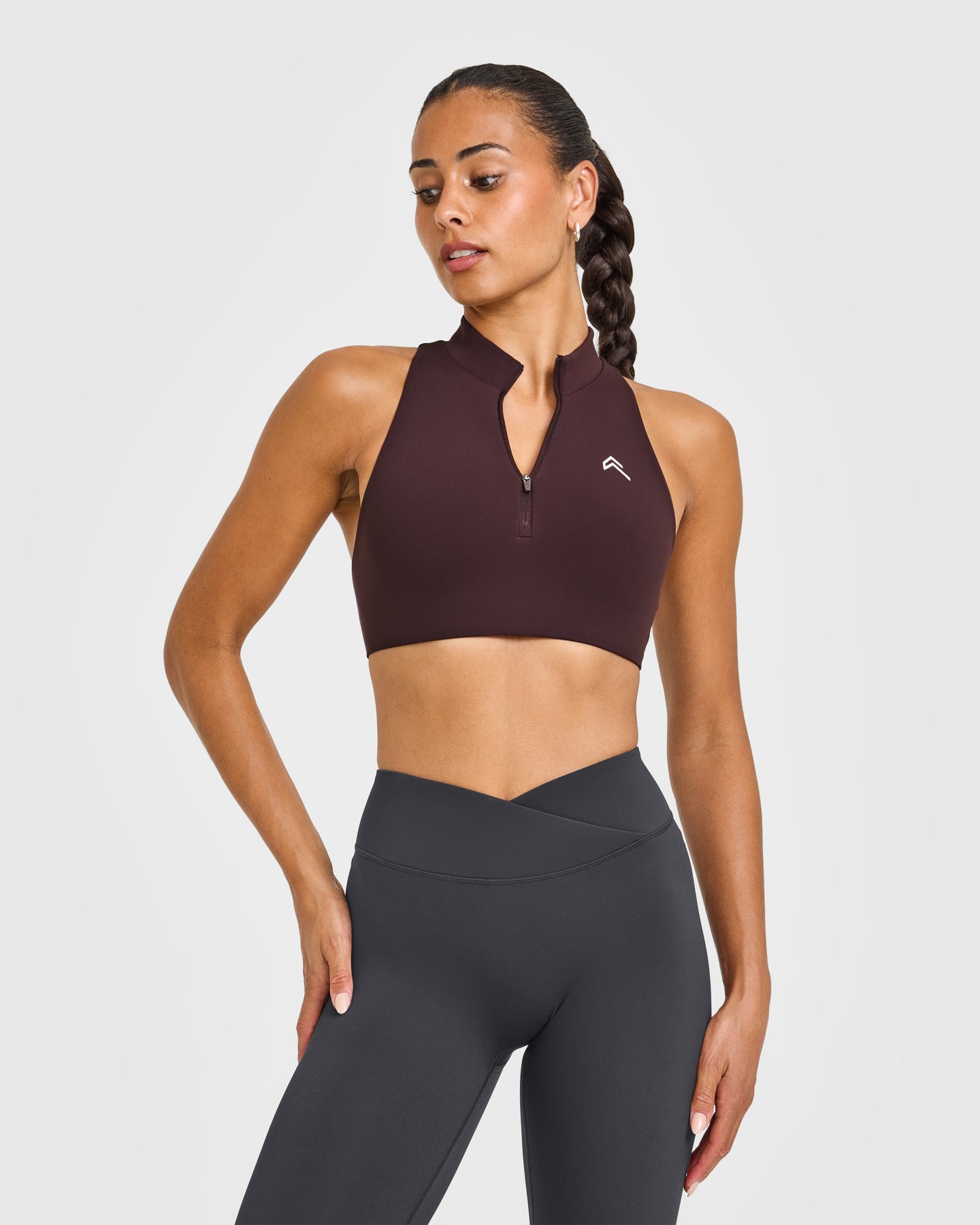 EasyLift Zip High Neck Sports Bra with White Logo | Plum Brown