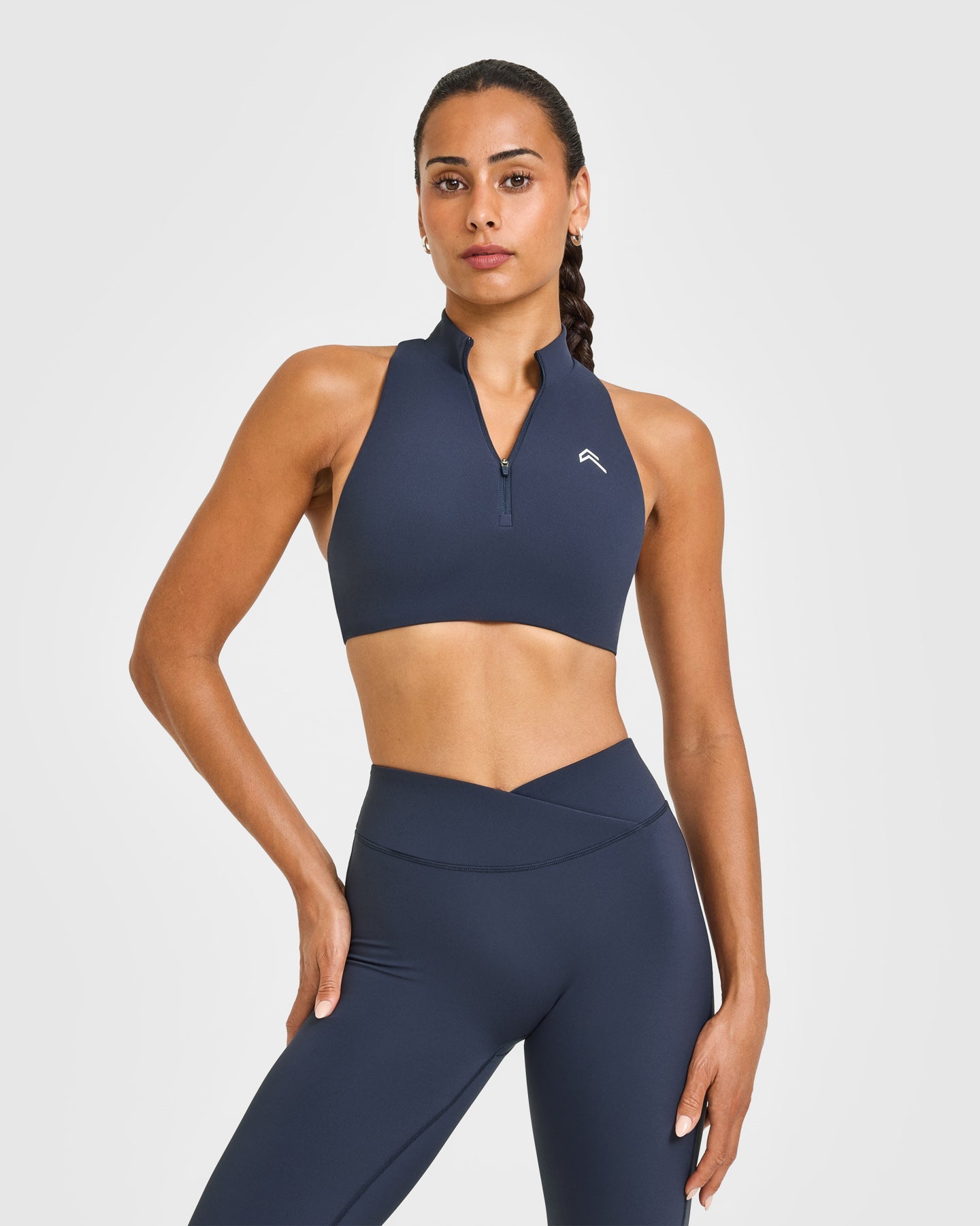 EasyLift Zip High Neck Sports Bra with White Logo | True Blue