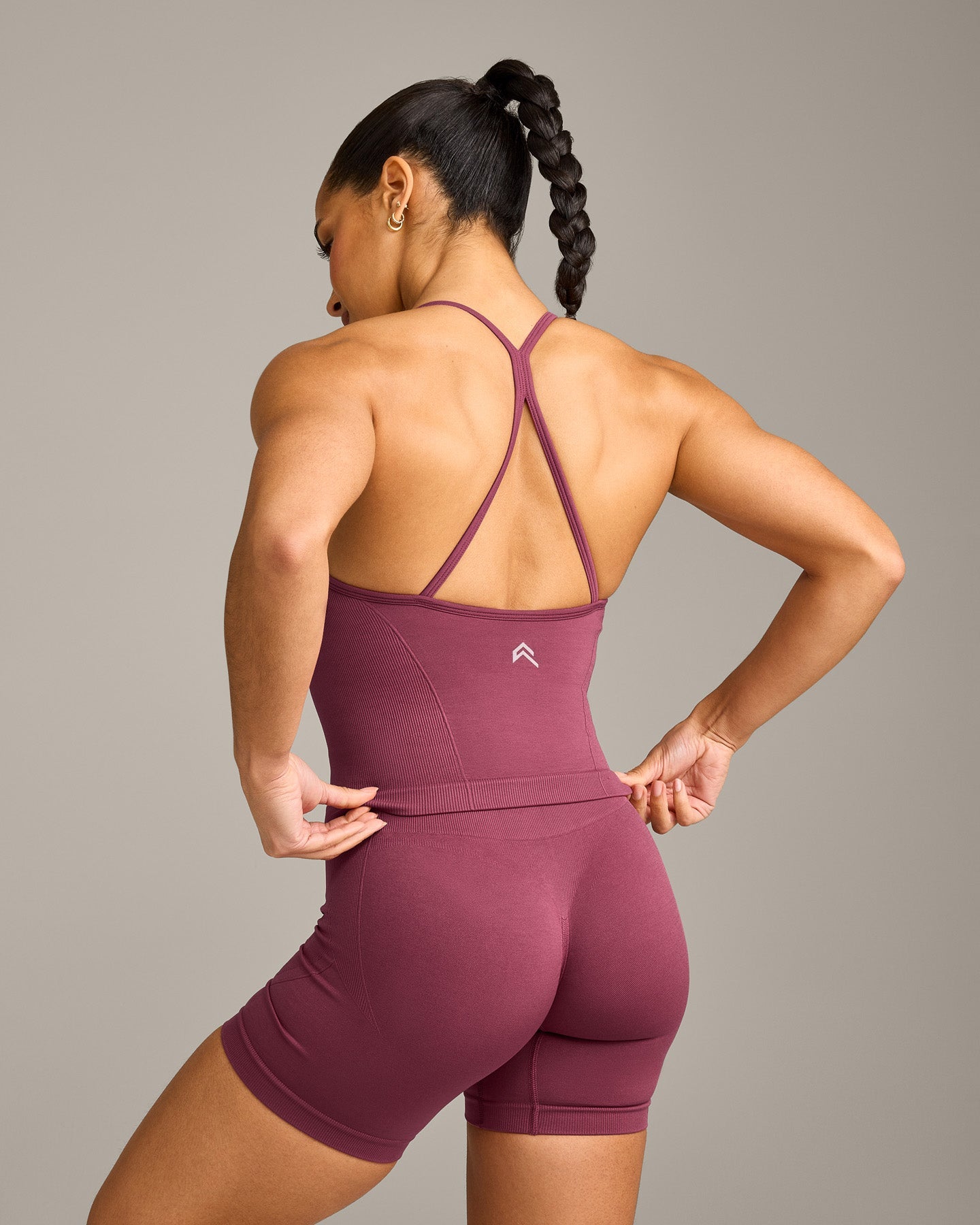 EnhanceLift Seamless Strappy Racer Vest with Built in Bra Shelf with Grey Logo | Burnt Maroon - Image 2