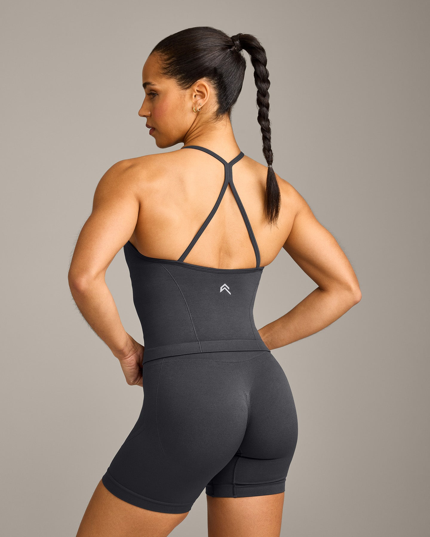 EnhanceLift Seamless Strappy Racer Vest with Built in Bra Shelf with Grey Logo | Coal - Image 2