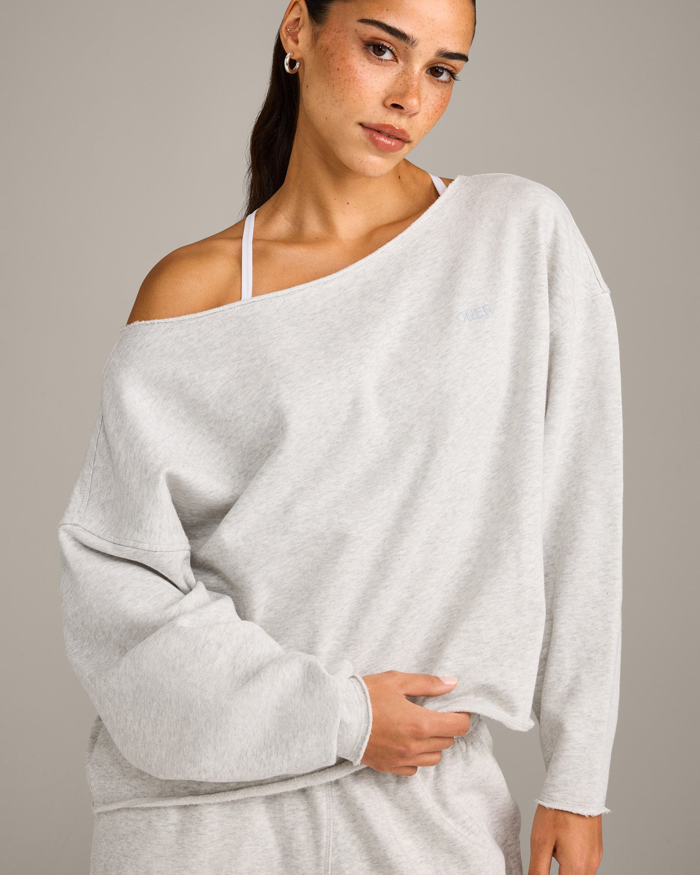 Raw Cut Lounge Off-The-Shoulder Sweatshirt | Light Grey Marl - Image 2