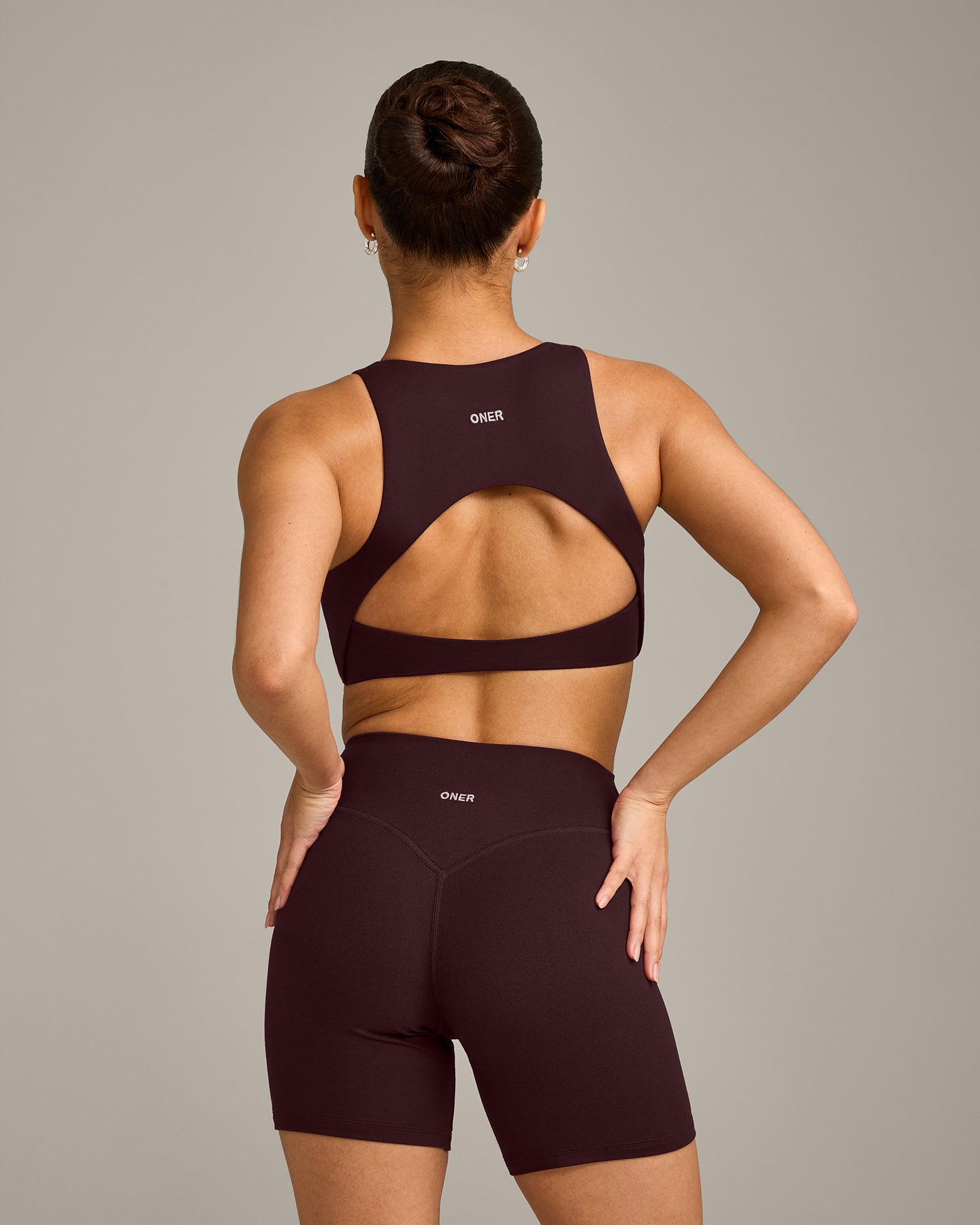 SoftMotion High Neck Sports Bra with Grey Logo | Plum Brown - Image 2