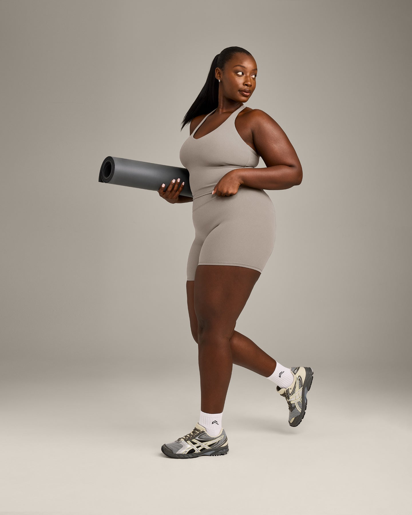 SoftMotion Racer Back Mid Vest with Built in Bra Shelf with White Logo | Warm Sand - Image 2