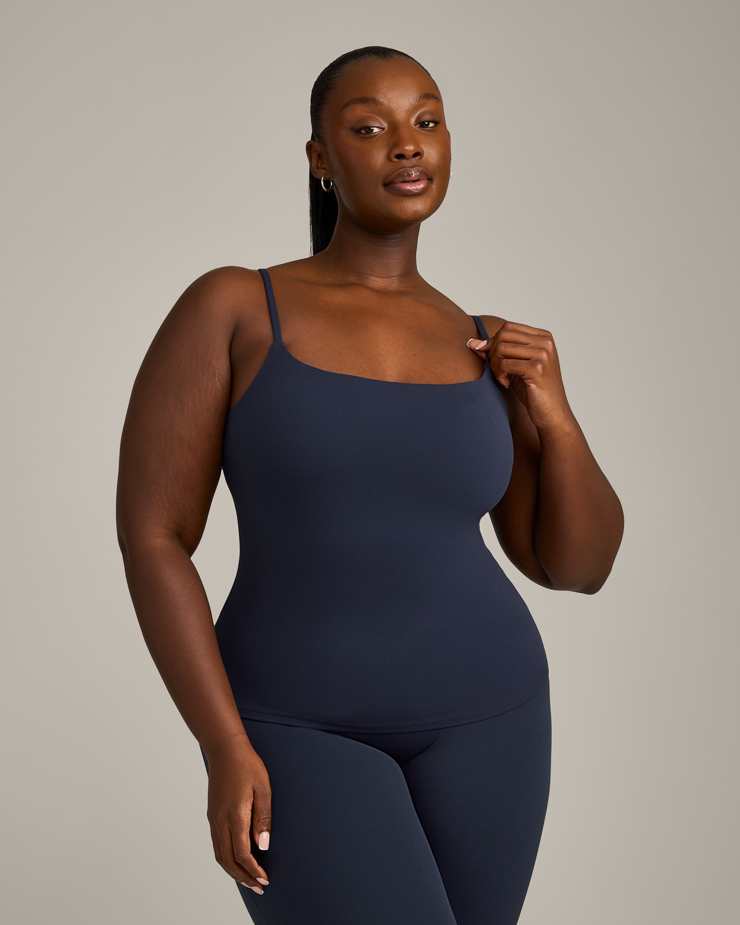 SoftMotion Strappy Vest with Built in Bra Shelf with Grey Logo | True Blue