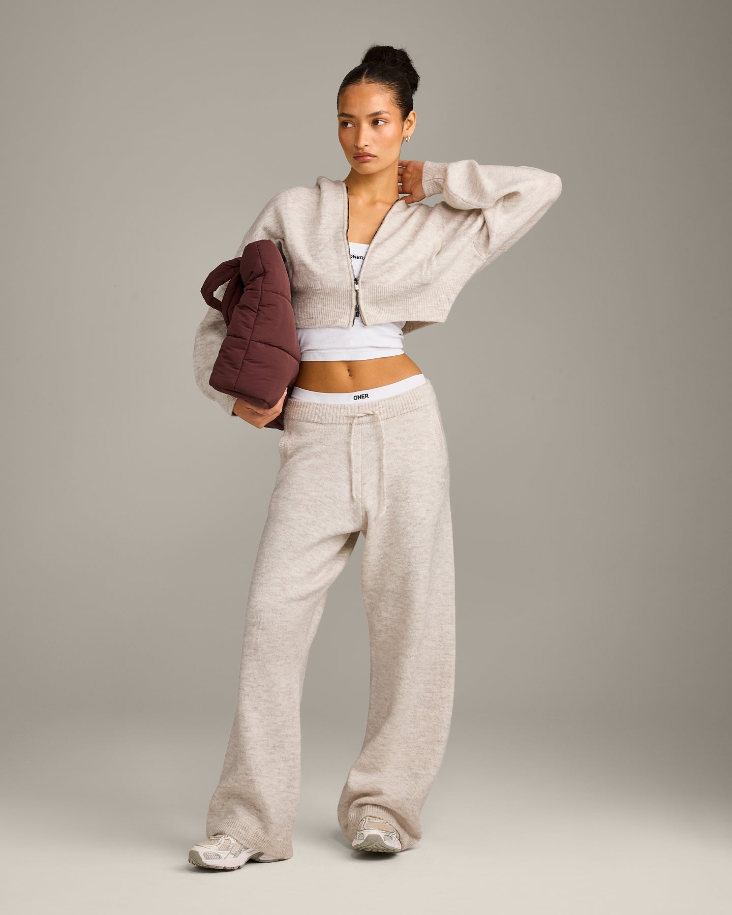 Oversized Knit Zip Through Mid Hoodie | Oat Marl - Image 3