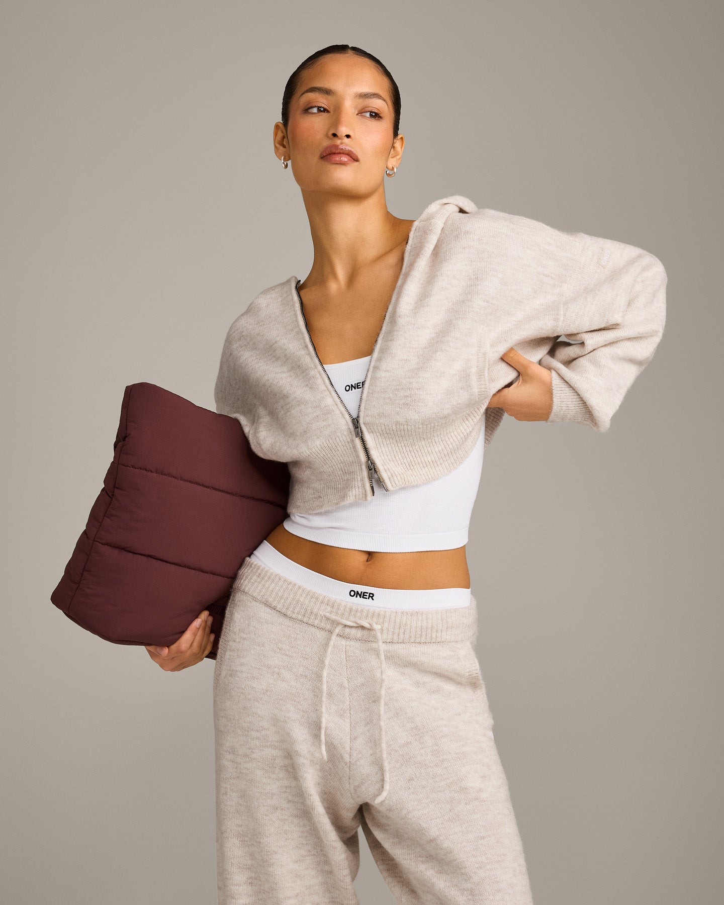 Oversized Knit Zip Through Mid Hoodie | Oat Marl - Image 6