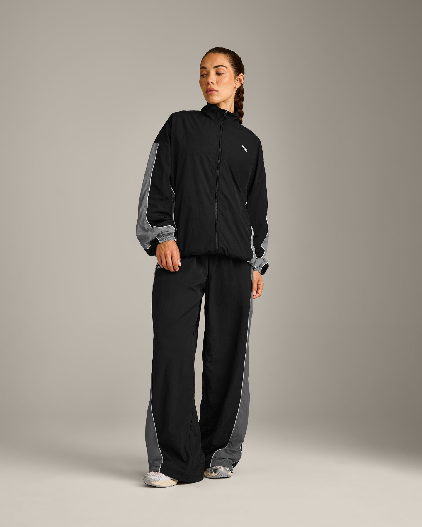 Oversized Contrast Piped Woven Straight Leg Track Bottoms | Black - Image 2