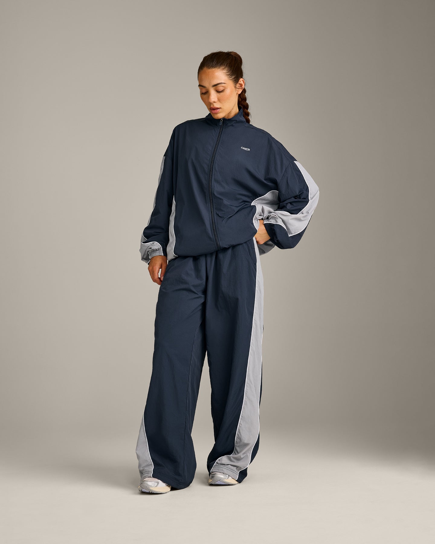 Oversized Contrast Piped Woven Straight Leg Track Bottoms | True Blue - Image 2
